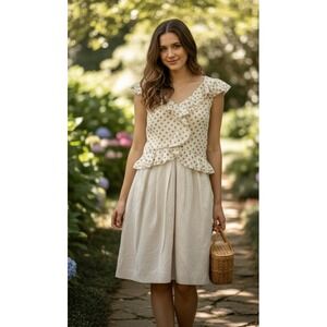 Rebecca Taylor‎ Sheath Dress Womens 2 Beige Silk Floral Back Zip Ruffle V-Neck